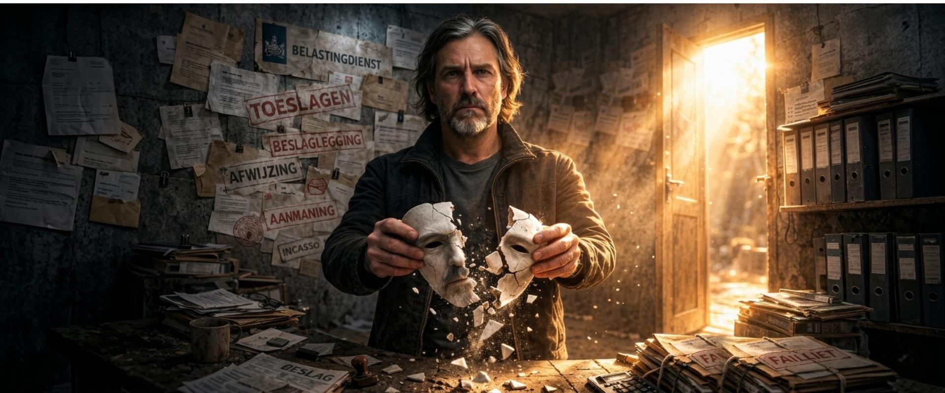 Man breekt symbolisch een masker doormidden, omringd door documenten van de Belastingdienst met stempels als Toeslagen, Beslaglegging, Aanmaning, Afwijzing en Incasso — beeld bij het persoonlijke toeslagenaffaire-verhaal IK SCHAAM ME op Vrije Opinie